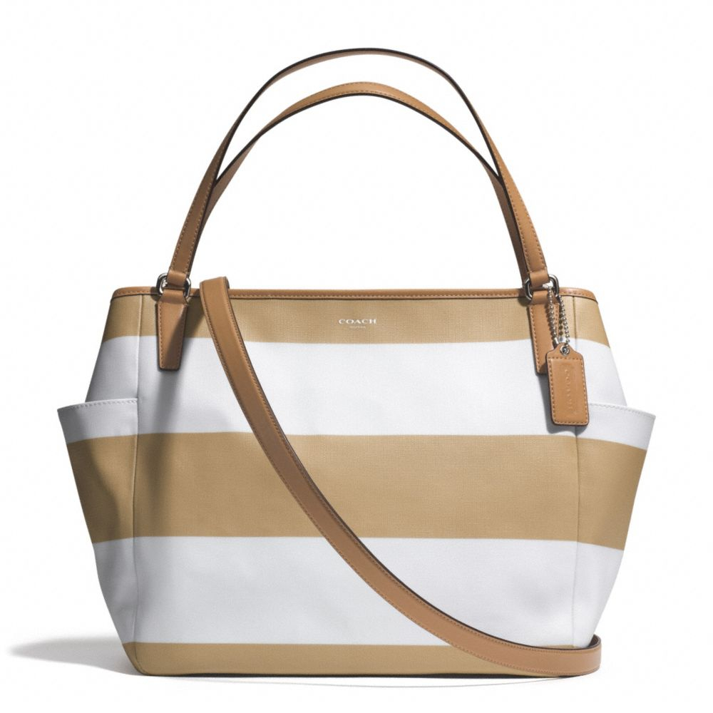 Coach Striped Coated-Canvas Tote in Brown | Lyst