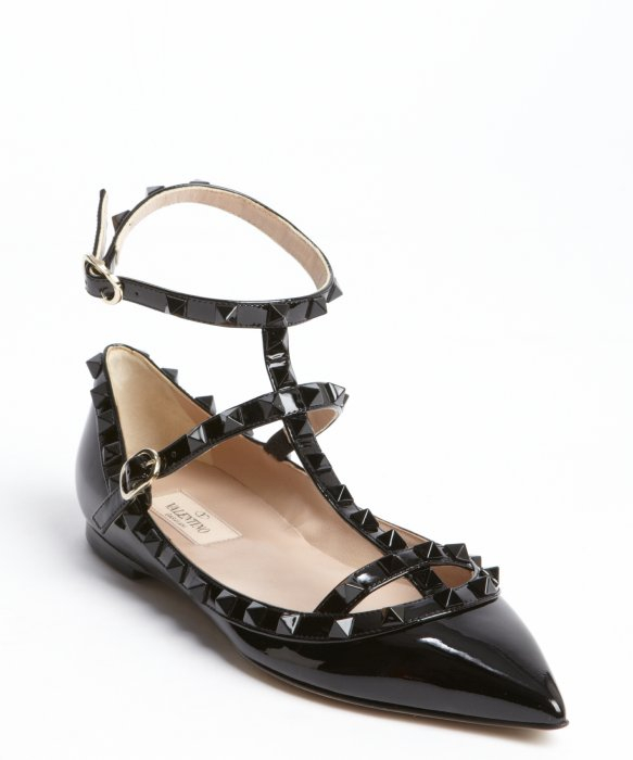 Valentino Black Patent Leather Studded Detail Ankle Strap Flats in ...