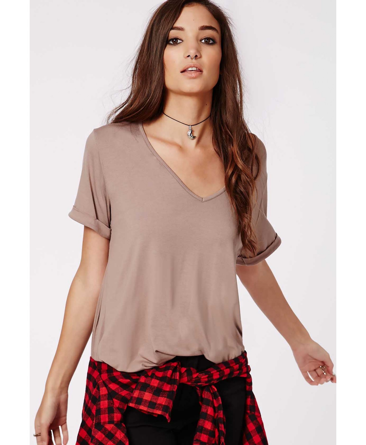 Missguided Braidie V Neck T Shirt Taupe  in Brown taupe  