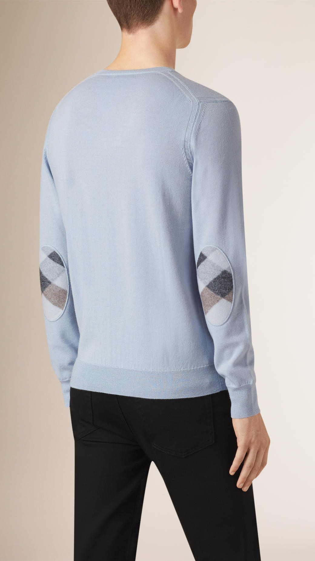 Burberry Check Elbow Detail Wool Sweater in Blue for Men | Lyst