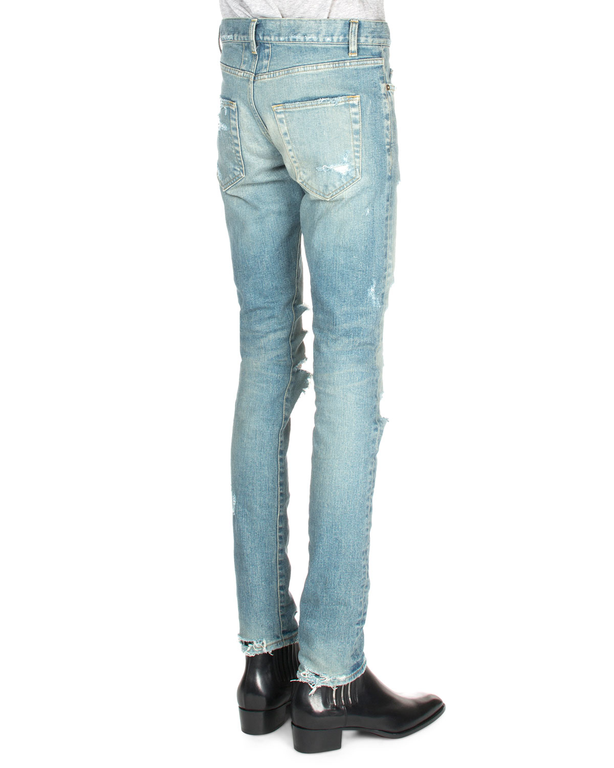 Saint laurent Trashed Ripped-knee Denim Jeans in Blue | Lyst