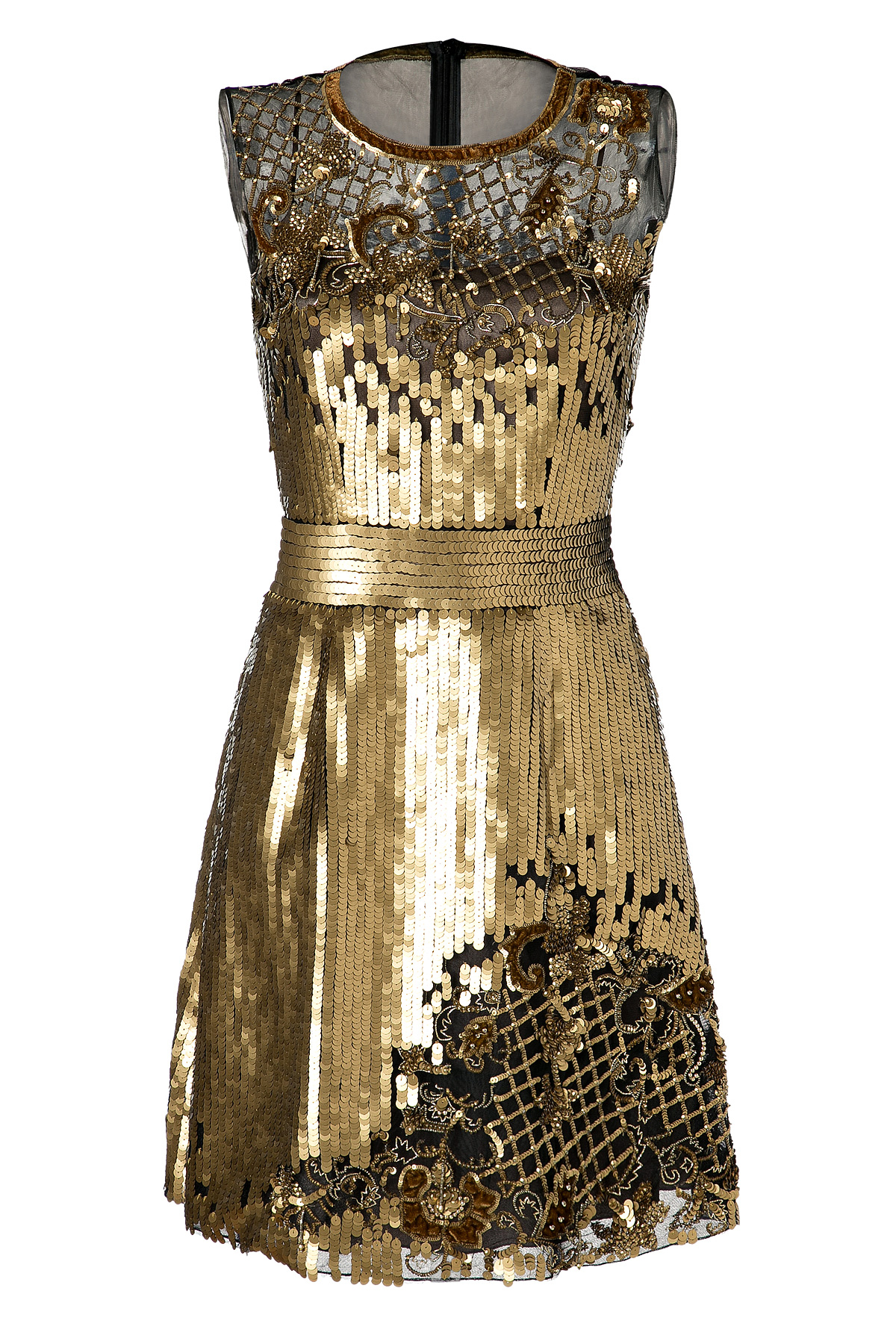 Alberta Ferretti Sequin And Lace Cocktail Dress in Gold | Lyst