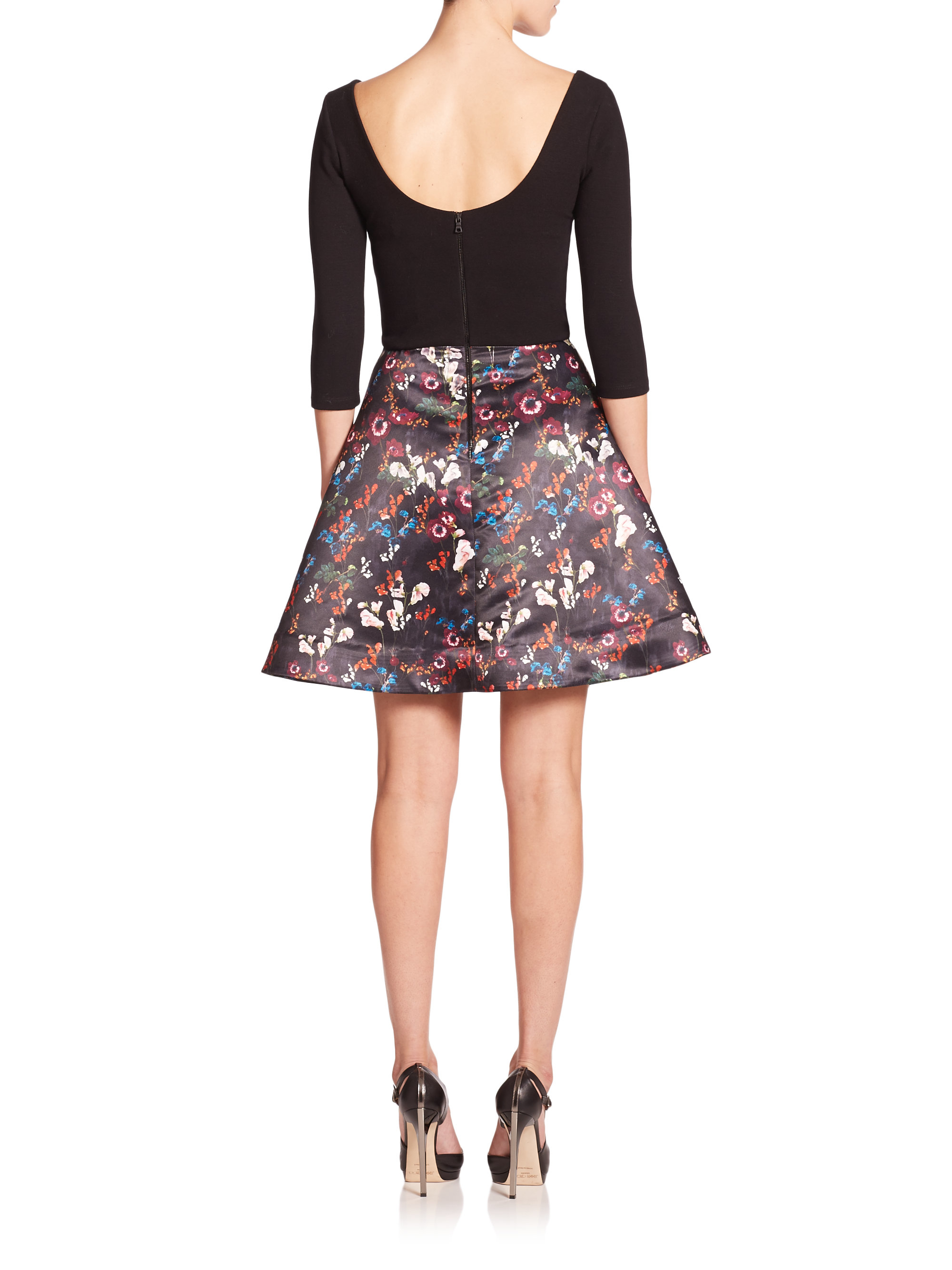 Alice + olivia Amie Knit-top Floral Dress in Black | Lyst