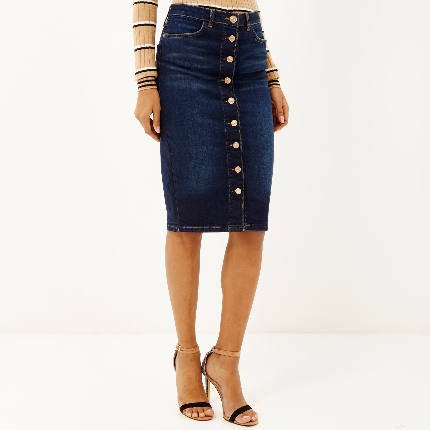 Lyst River Island Dark Denim Button Up Midi Pencil Skirt In Blue 4809