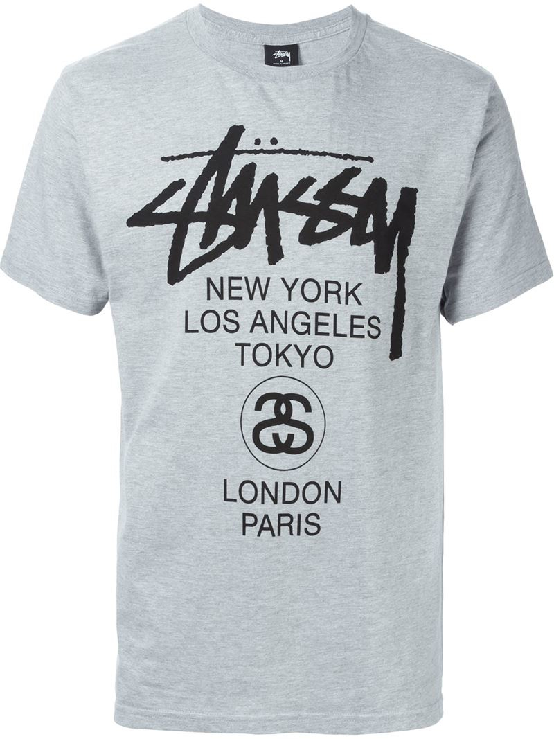 Stussy Logo Print T-shirt in Gray for Men - Lyst
