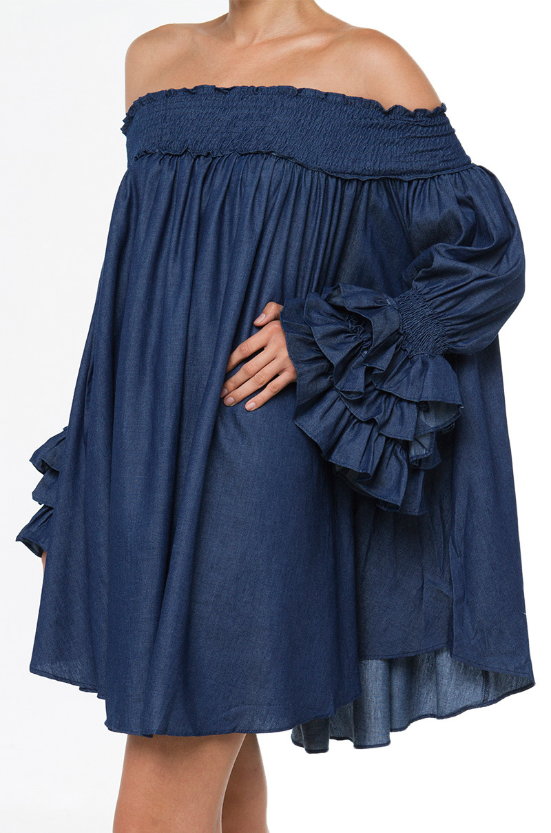 Gracia Off Shoulder Dark Denim Mini Dress in Blue - Lyst