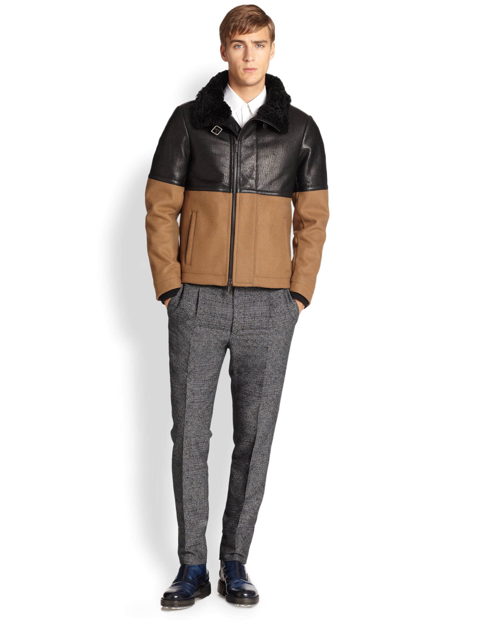 Lyst - Fendi Leather, Wool & Shearling Jacket in Black for Men