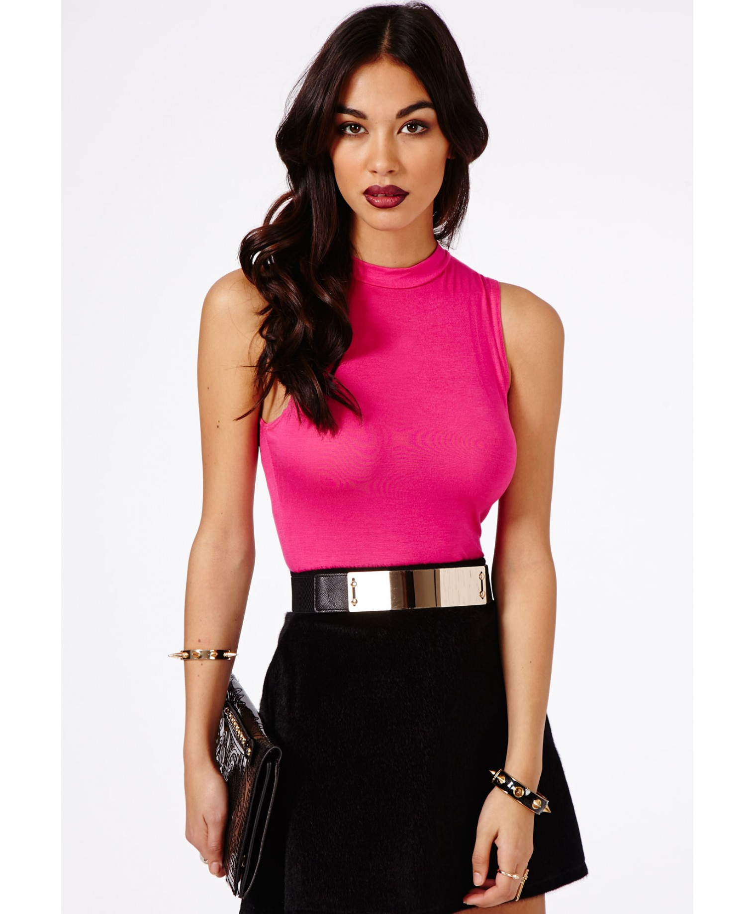 Missguided Bretta High Neck Bodysuit In Hot Pink In Pink Lyst