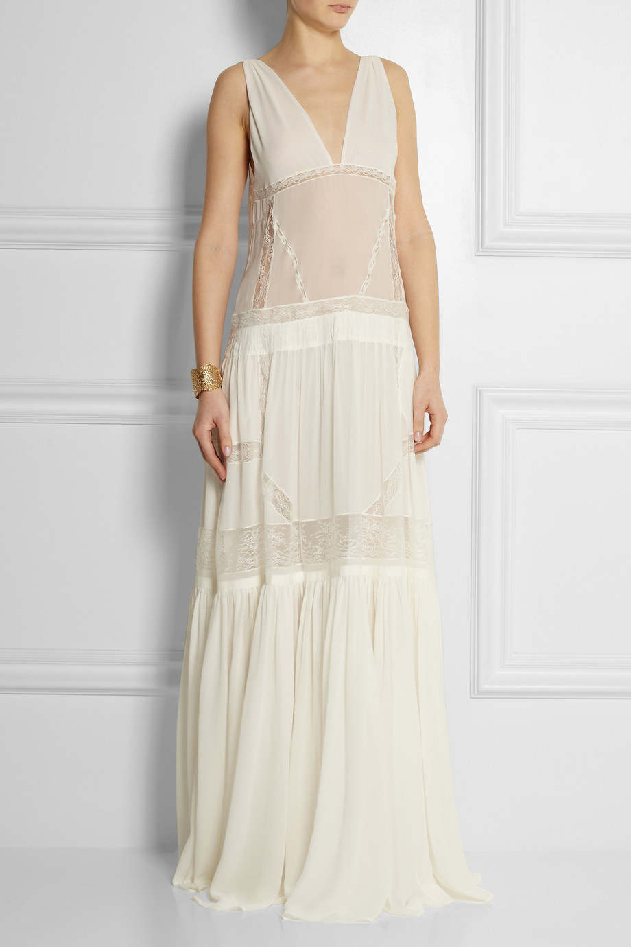 Lyst - Roberto Cavalli Lace Paneled Silk Chiffon Maxi Dress in White