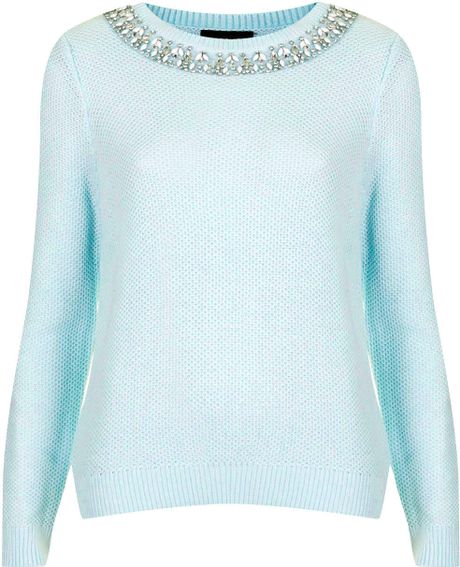 Topshop Pretty Necklace Sweater in Blue (Mint) | Lyst