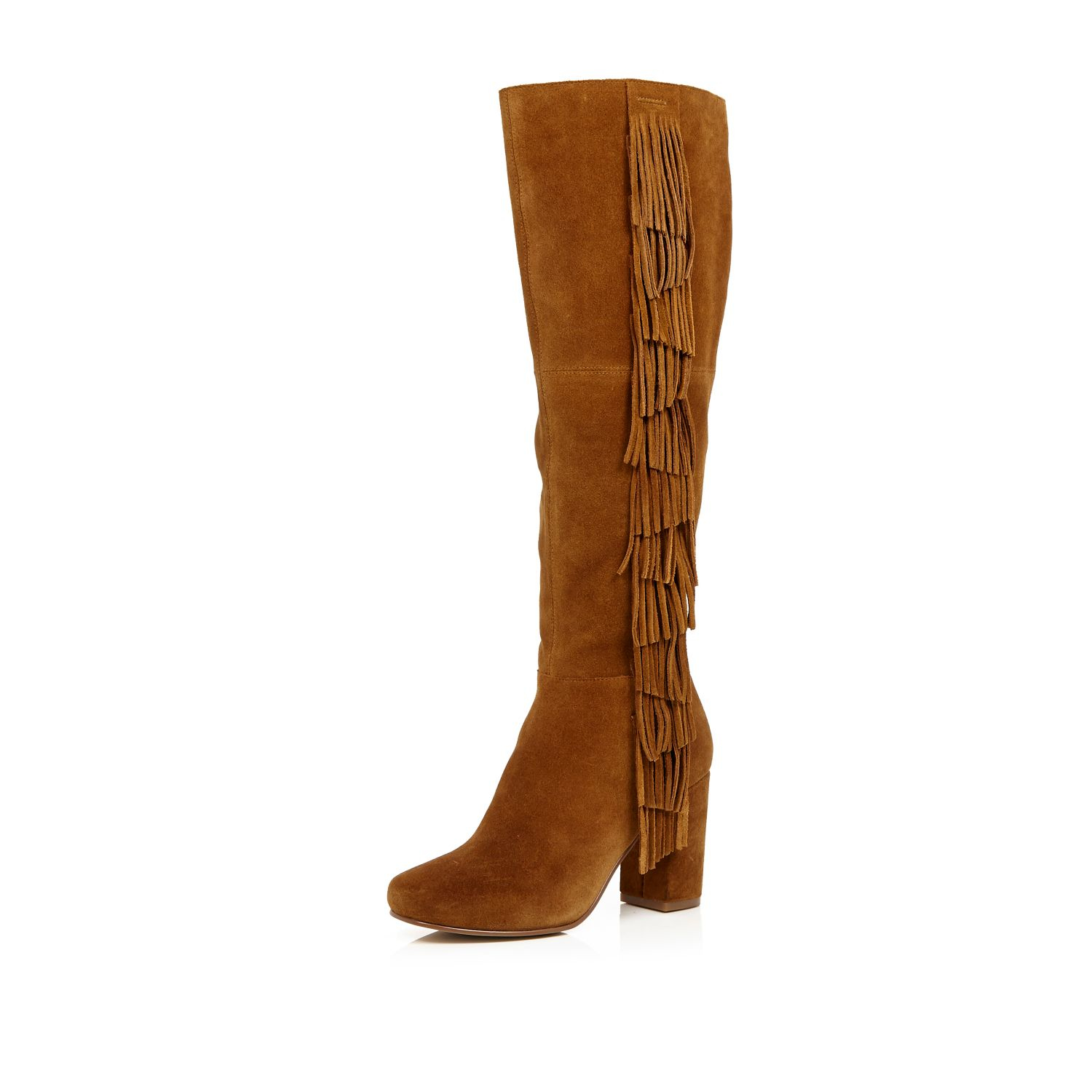 River island Tan Suede Fringed Knee High Heeled Boots in Brown | Lyst