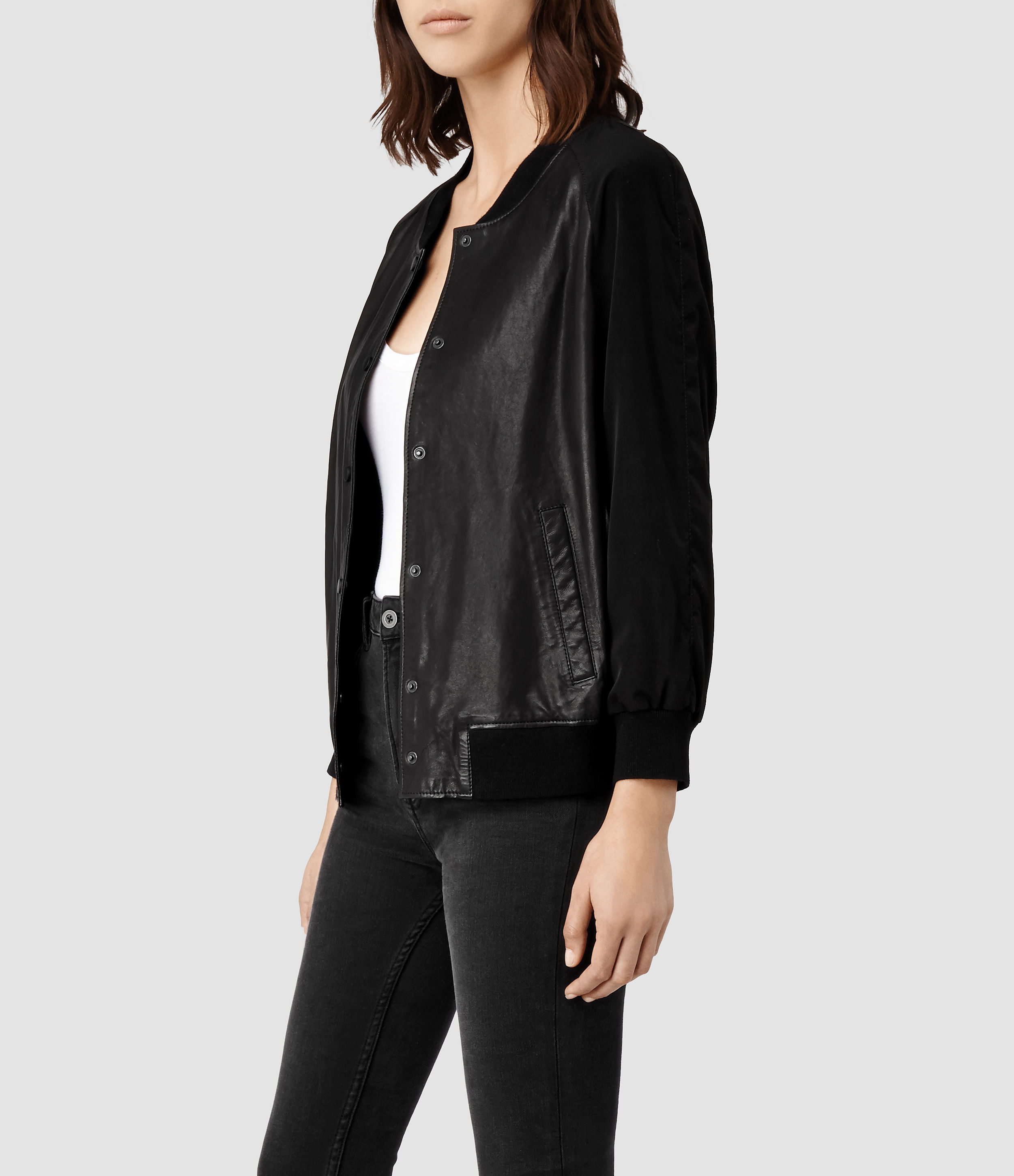 Allsaints Drey Leather Baseball Jacket In Black Lyst Gallery Women S Baseball Jackets