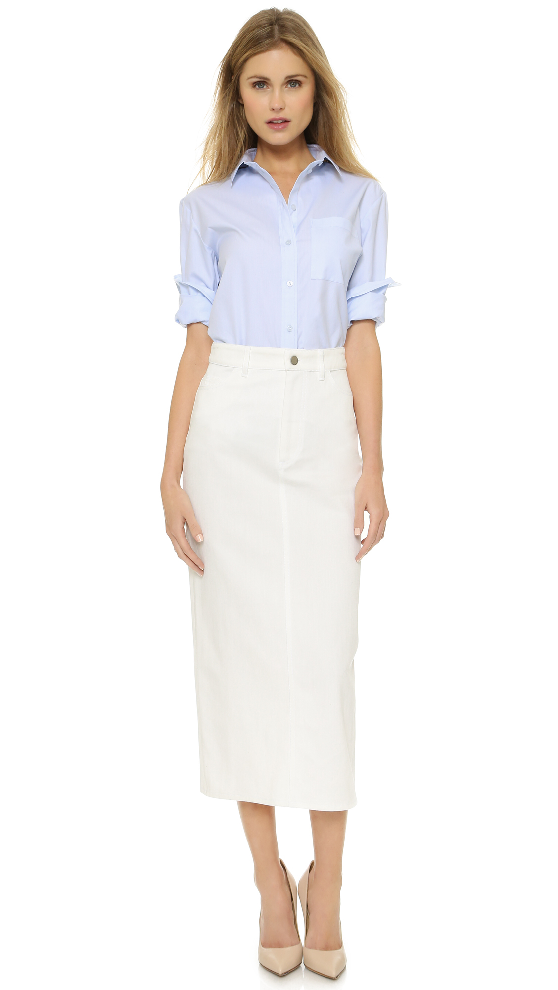 Victoria beckham Split Denim Skirt in White | Lyst
