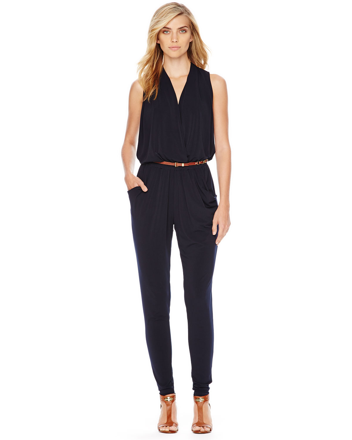 Lyst - Michael Michael Kors Belted Sleeveless Jersey Jumpsuit in Blue