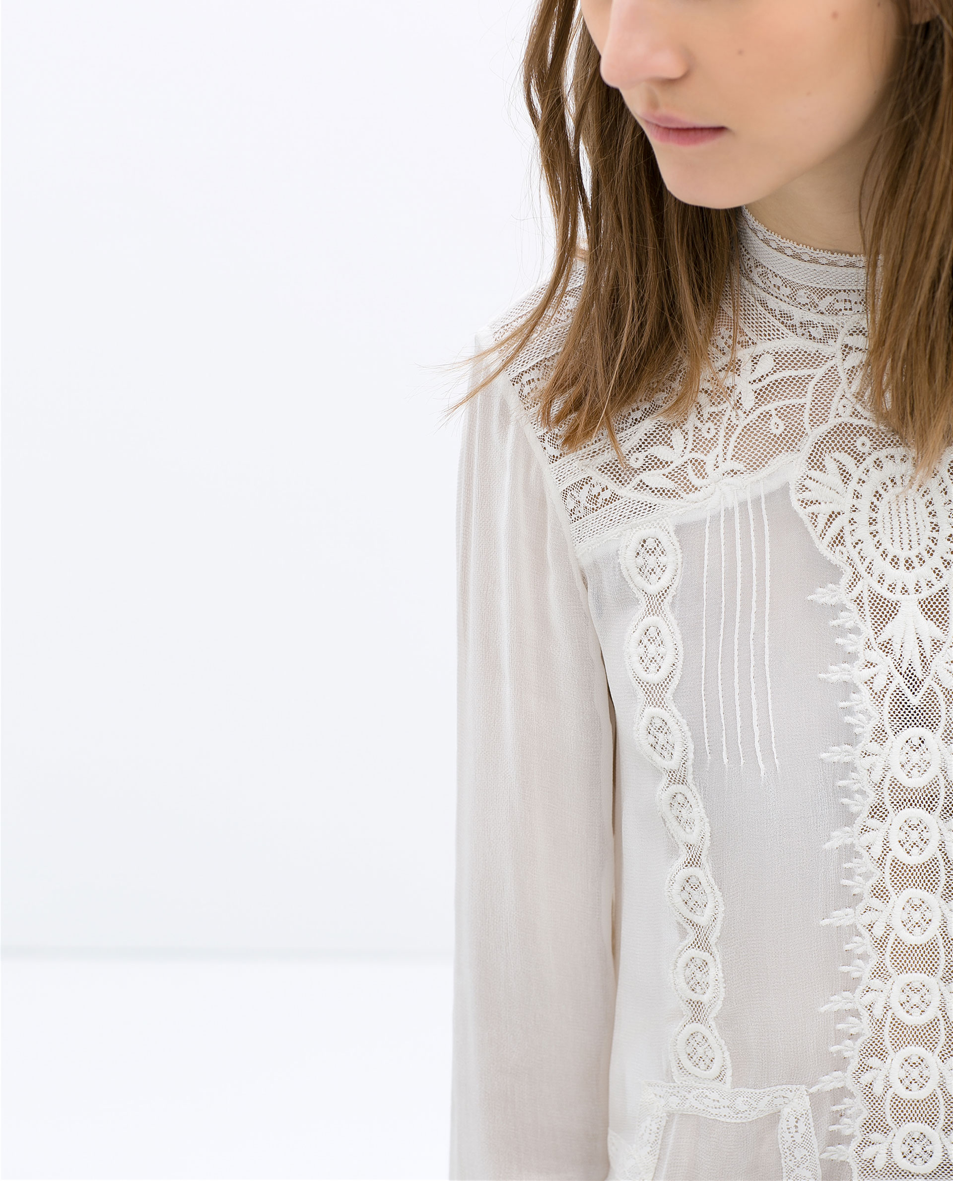 Zara Embroidered Blouse with A High Collar in White | Lyst