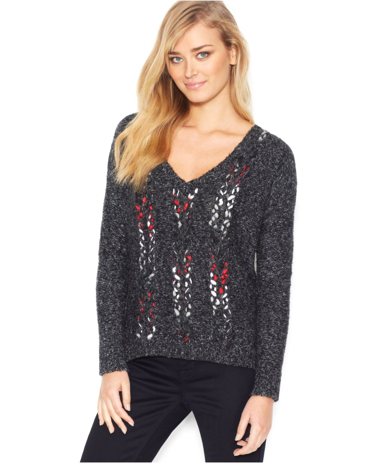 Lyst - Kensie Long-Sleeve V-Neck Open-Knit Sweater (Only At Macy'S) in ...