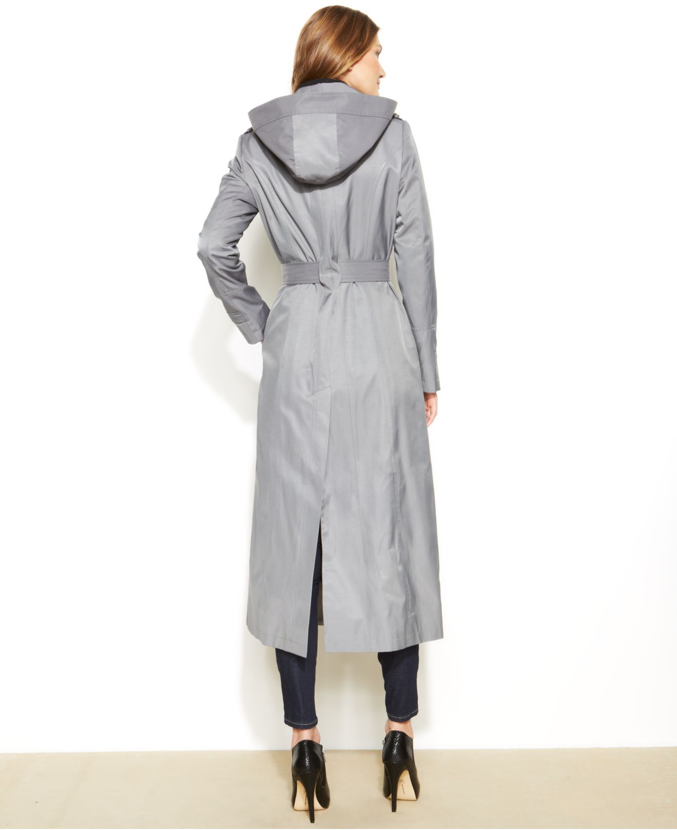 Lyst - Dkny Petite Hooded Double-Breasted Maxi Trench Coat in Gray