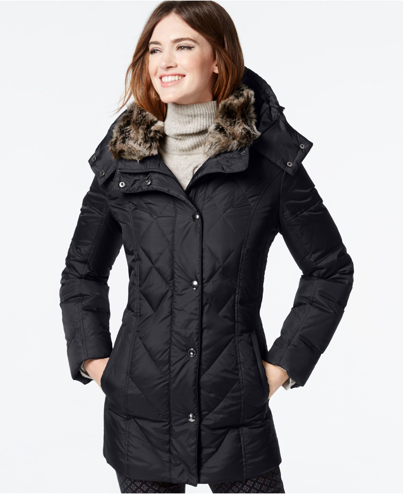 Lyst - London Fog Faux-fur-collar Quilted Down Coat in Black