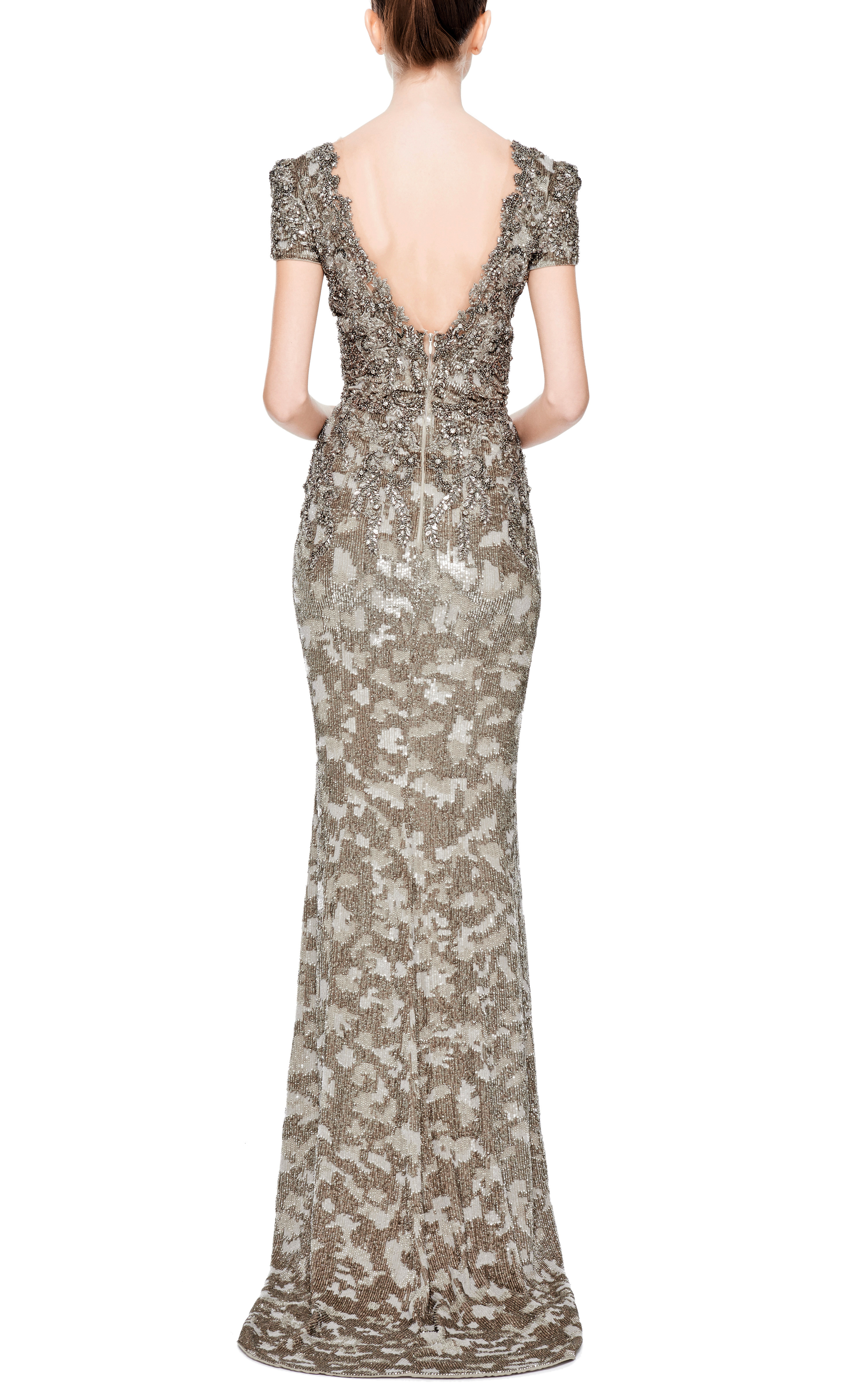 marchesa notte silver embroidered gown