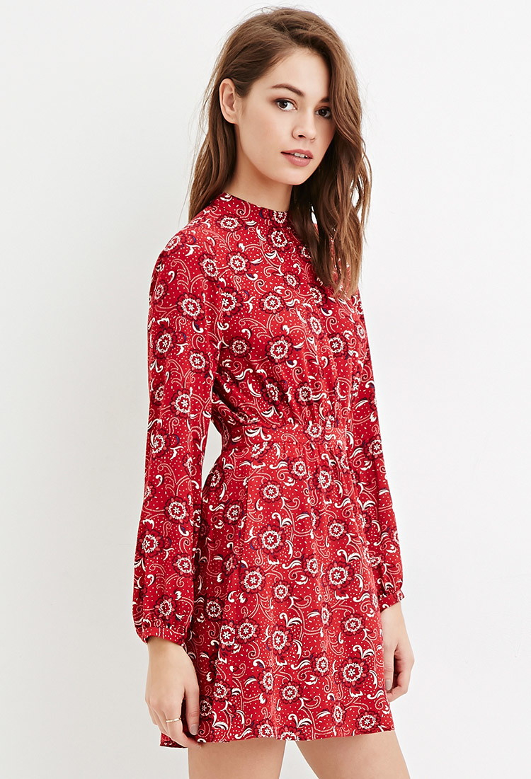 Lyst Forever 21 High  neck  Floral Print Dress  in Red 