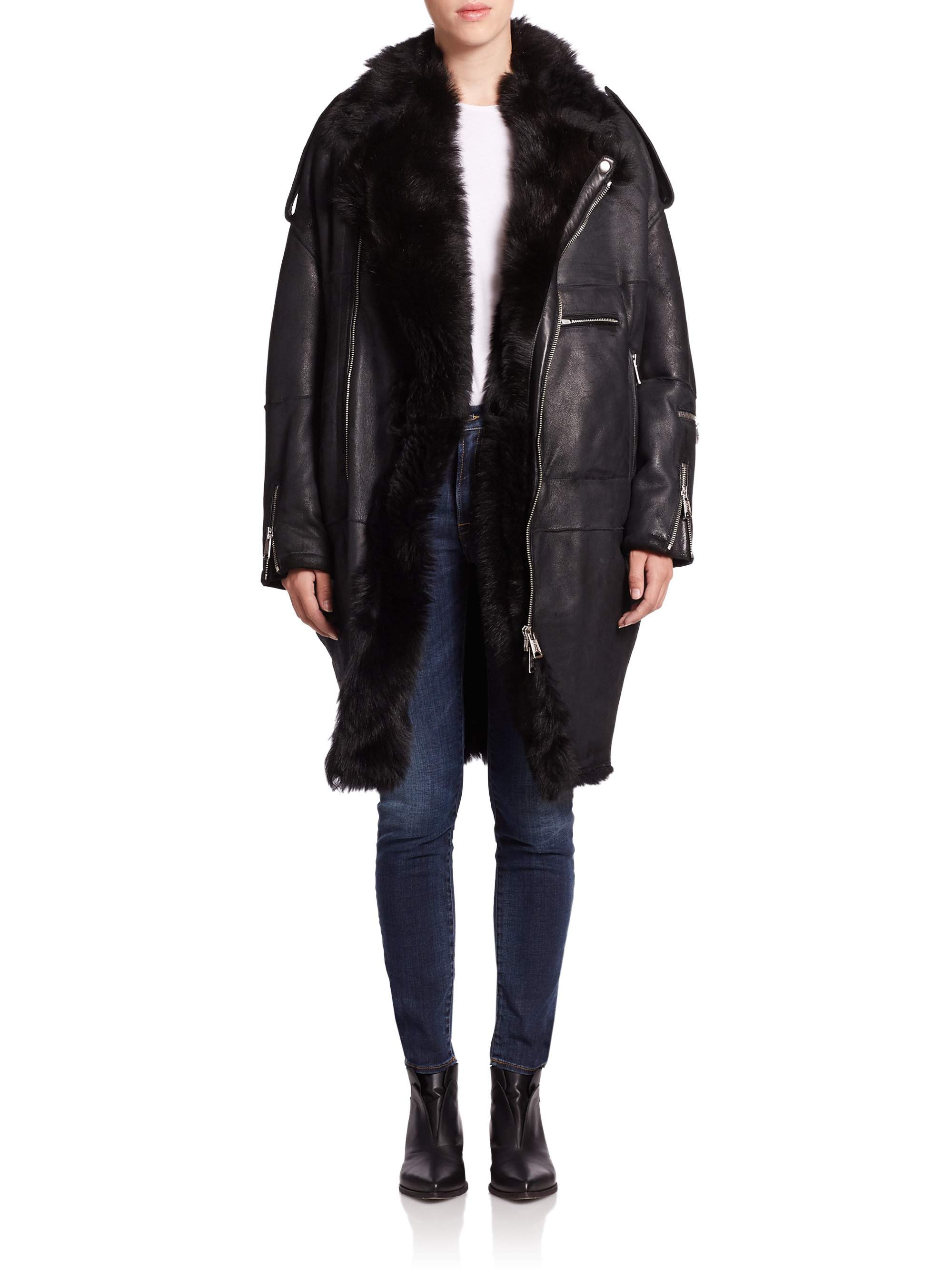 R13 Oversized Leather & Shearling Moto Jacket in Black | Lyst