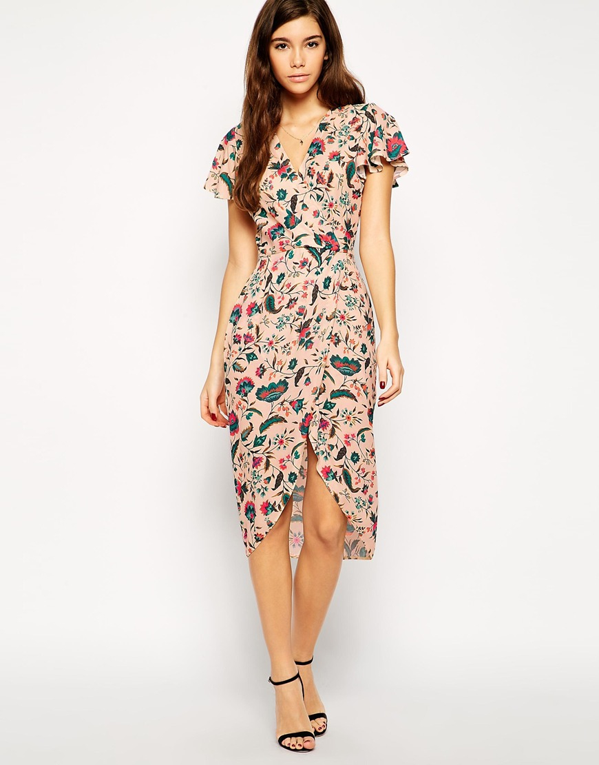 Lyst - Love Wrap Front Midi Dress With Tulip Hem in Natural