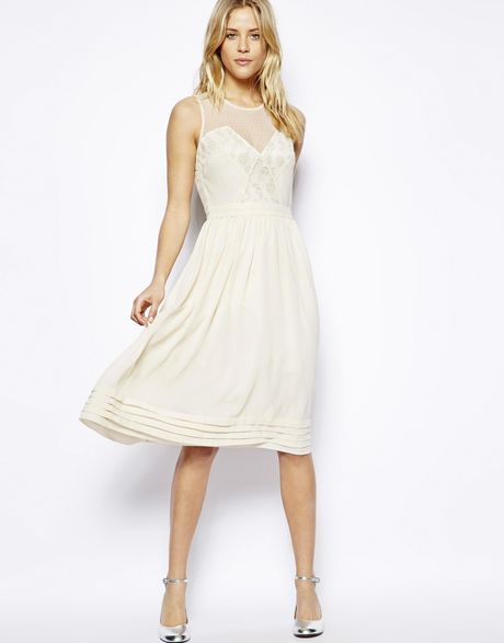 Asos Midi Dress With Lace Inserts in Beige (Cream) | Lyst