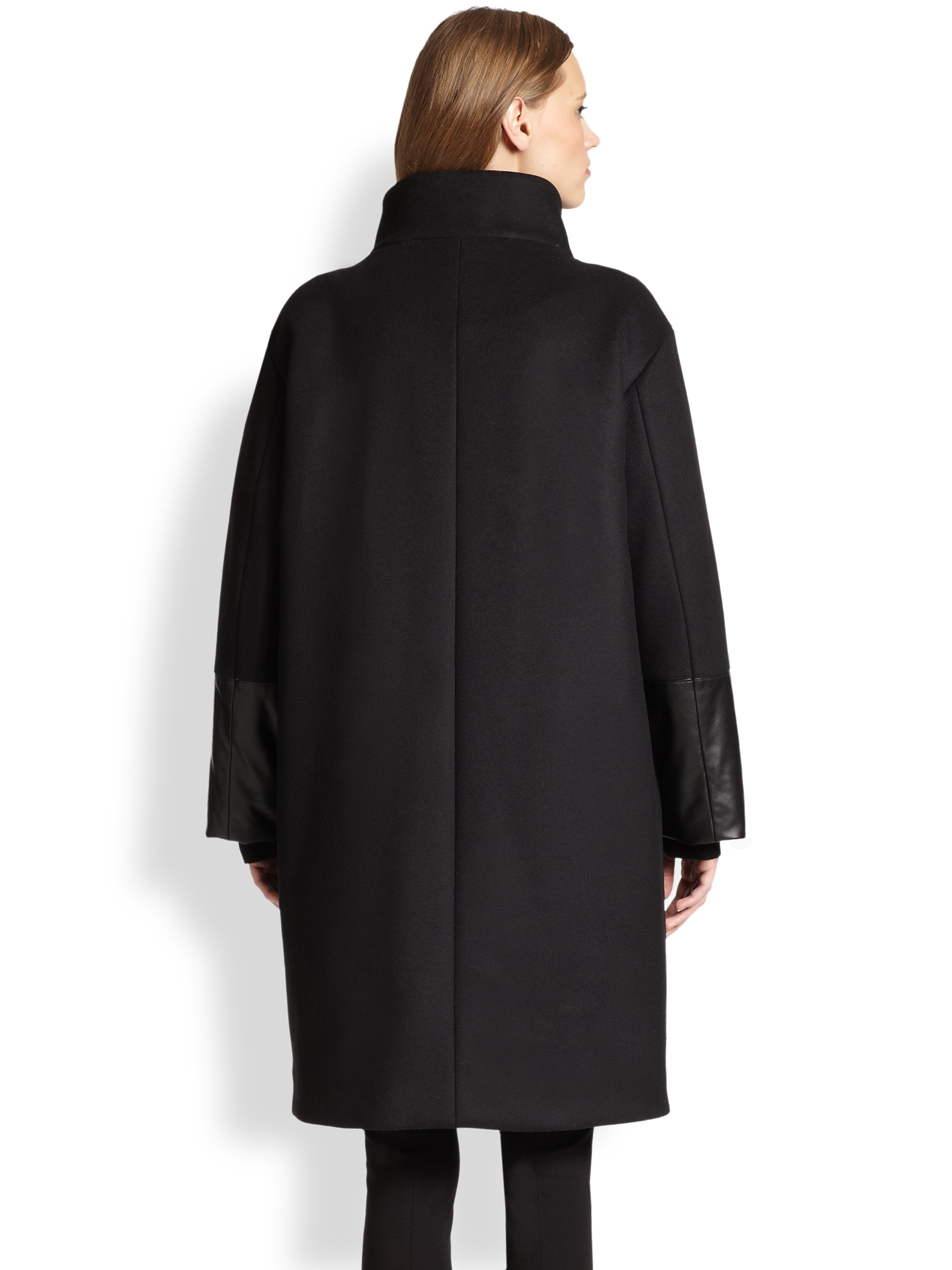 Akris punto Oversized Wool & Faux Leather Coat in Black | Lyst