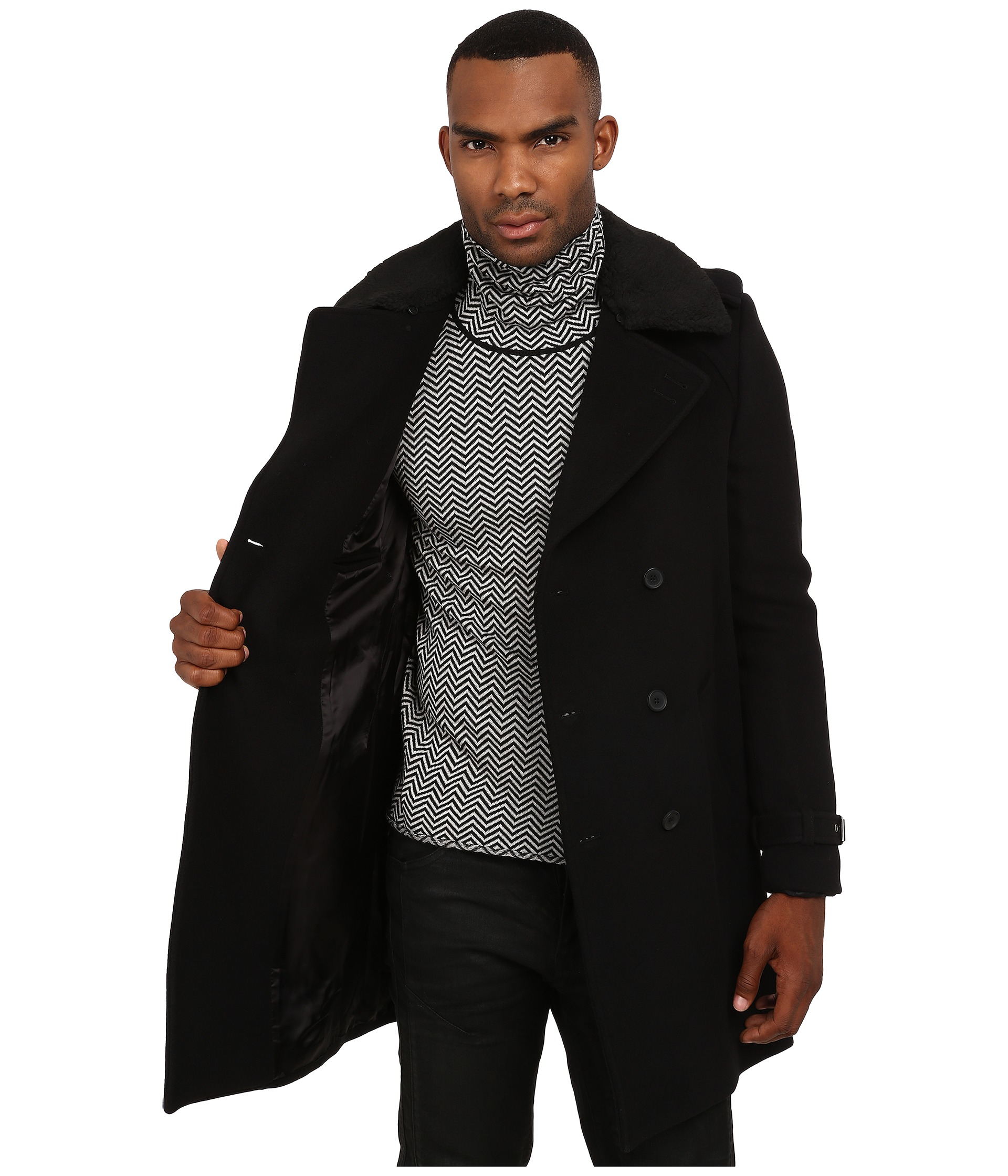 The kooples Faux Shearling Collar Peacoat in Black for Men | Lyst