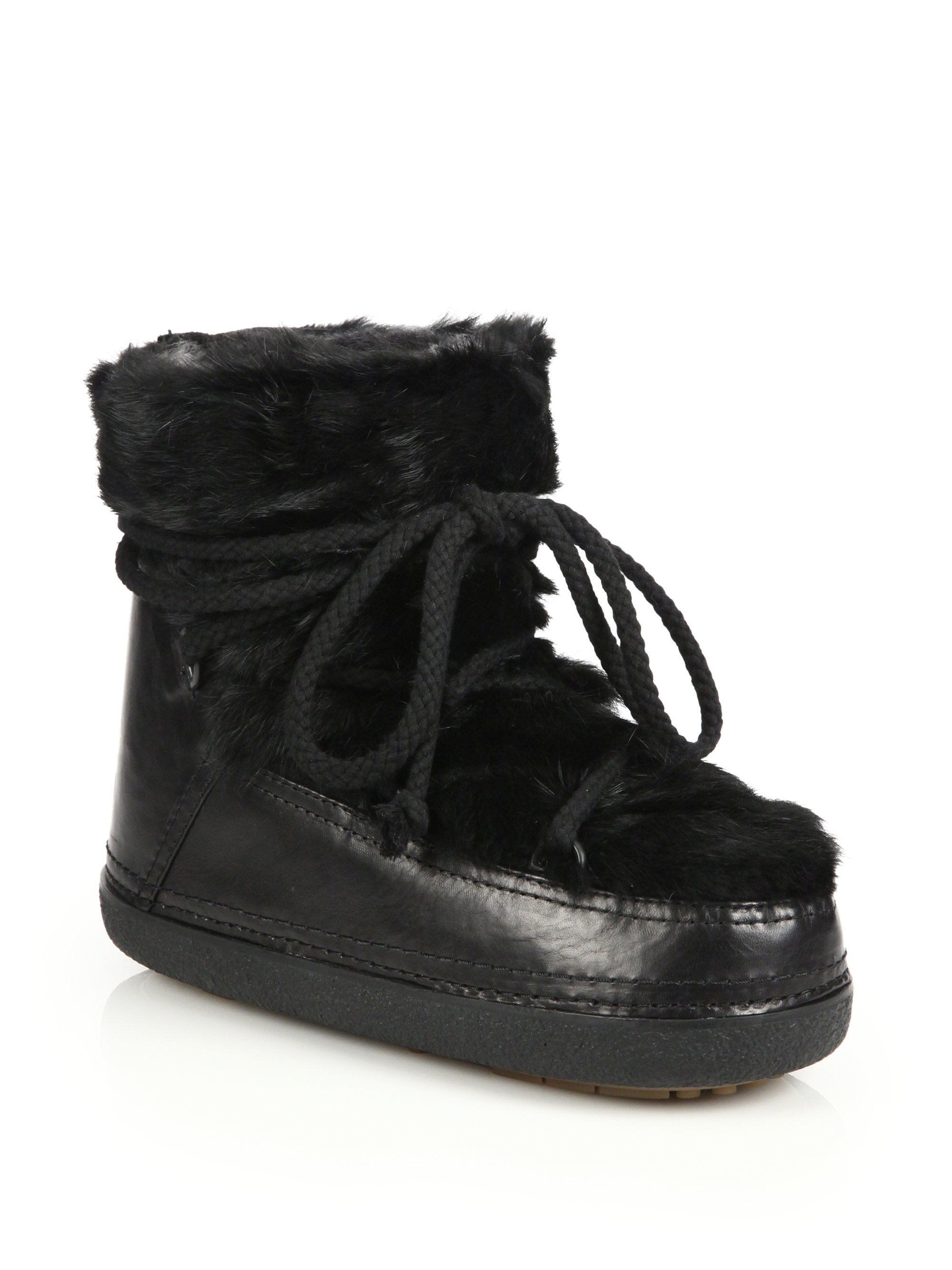Ikkii | Black Leather, Rabbit Fur & Shearling Low Moon Boots | Lyst