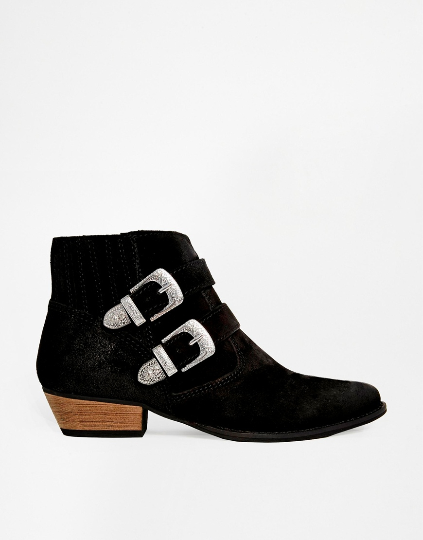 Pull&bear Pull Bear Double Buckle Suede Western Ankle Boots in Black | Lyst
