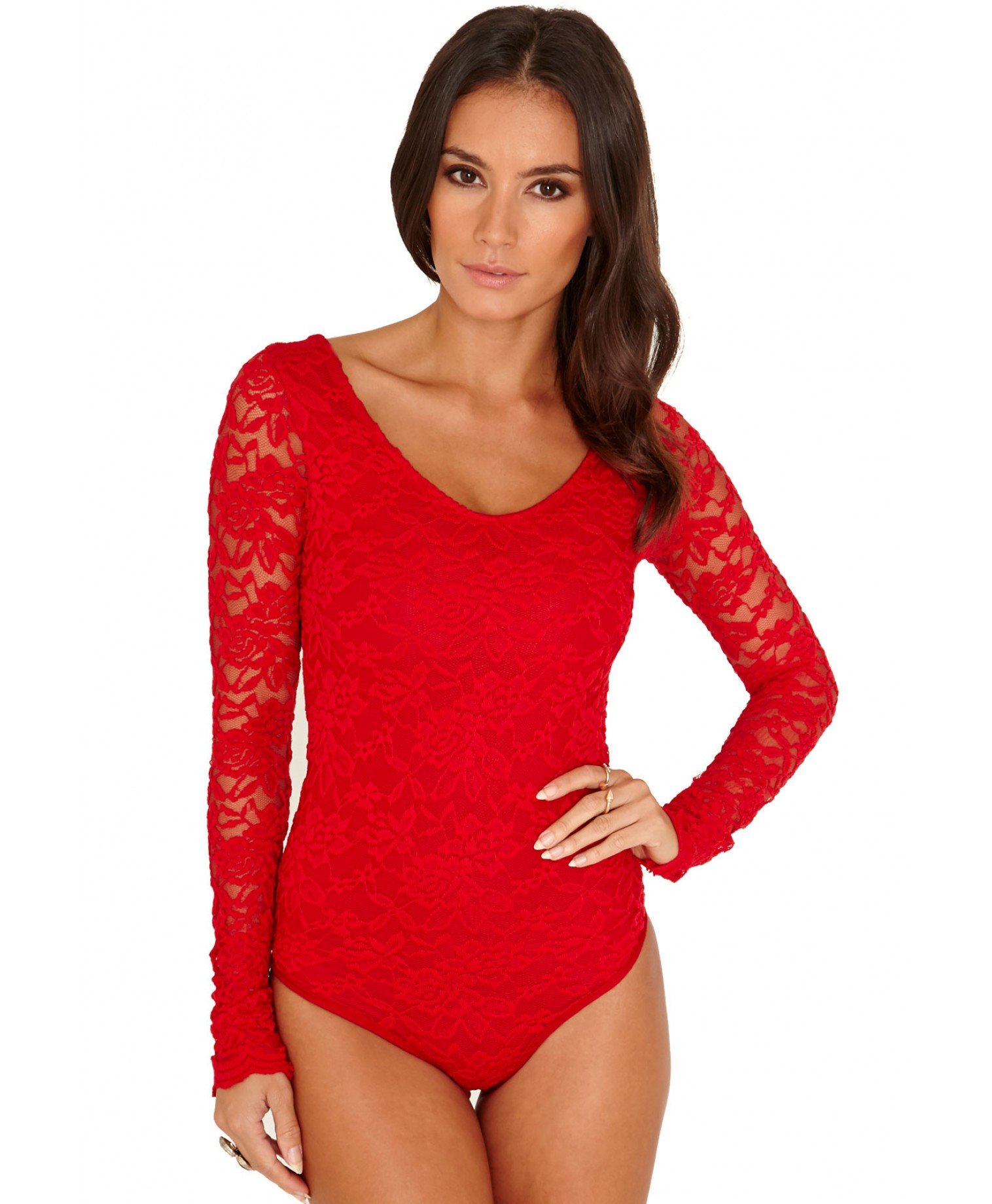 Missguided Arin Long Sleeve Lace Bodysuit In Red In Red Lyst