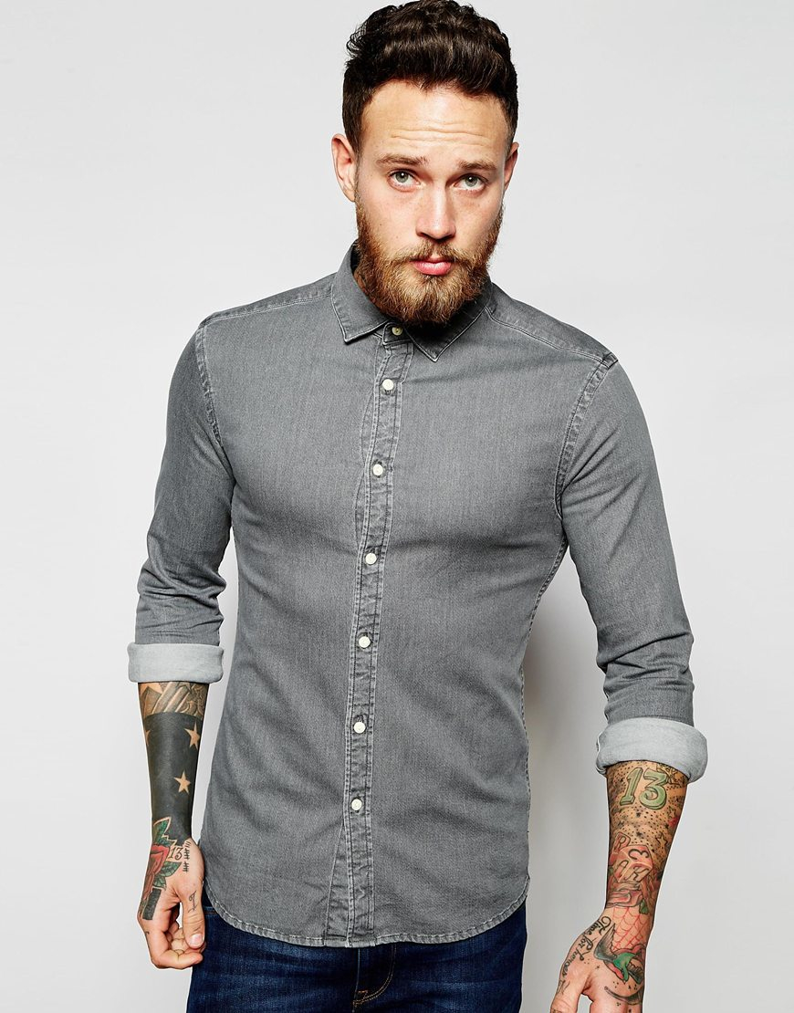 Lyst Asos Skinny Denim Shirt  With Long Sleeves in Gray 