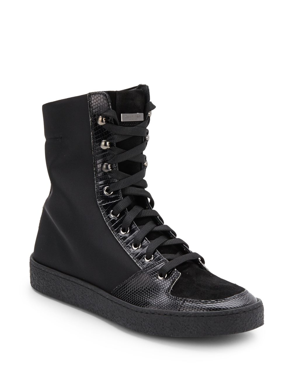 Calvin Klein Embossed Leather-Trimmed High-Top Sneakers in Black for ...