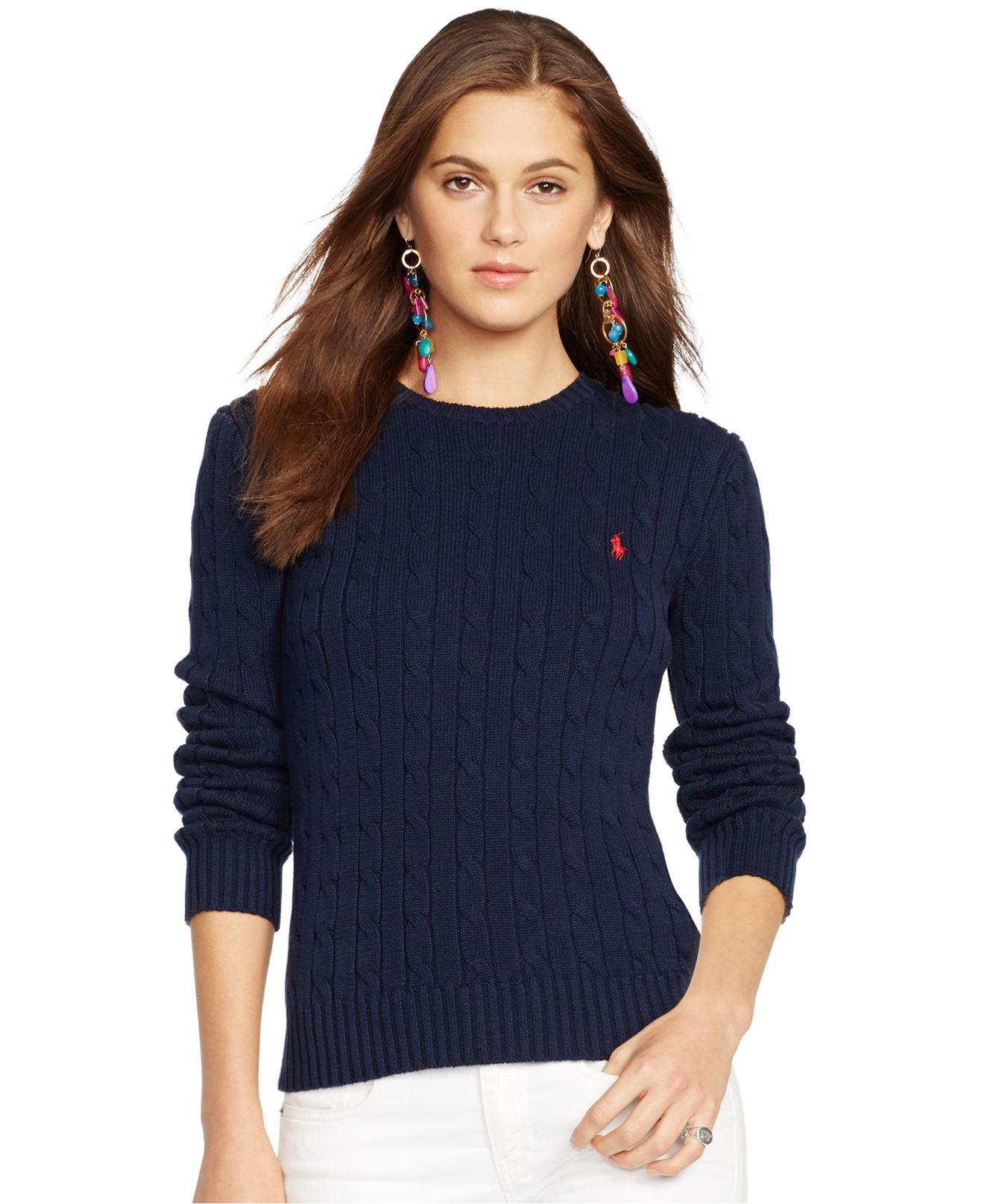 Lyst Polo Ralph  Lauren  Crew Neck Cable Knit Sweater  in Blue