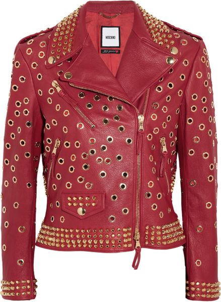 Moschino Embellished Leather Biker Jacket in Red | Lyst