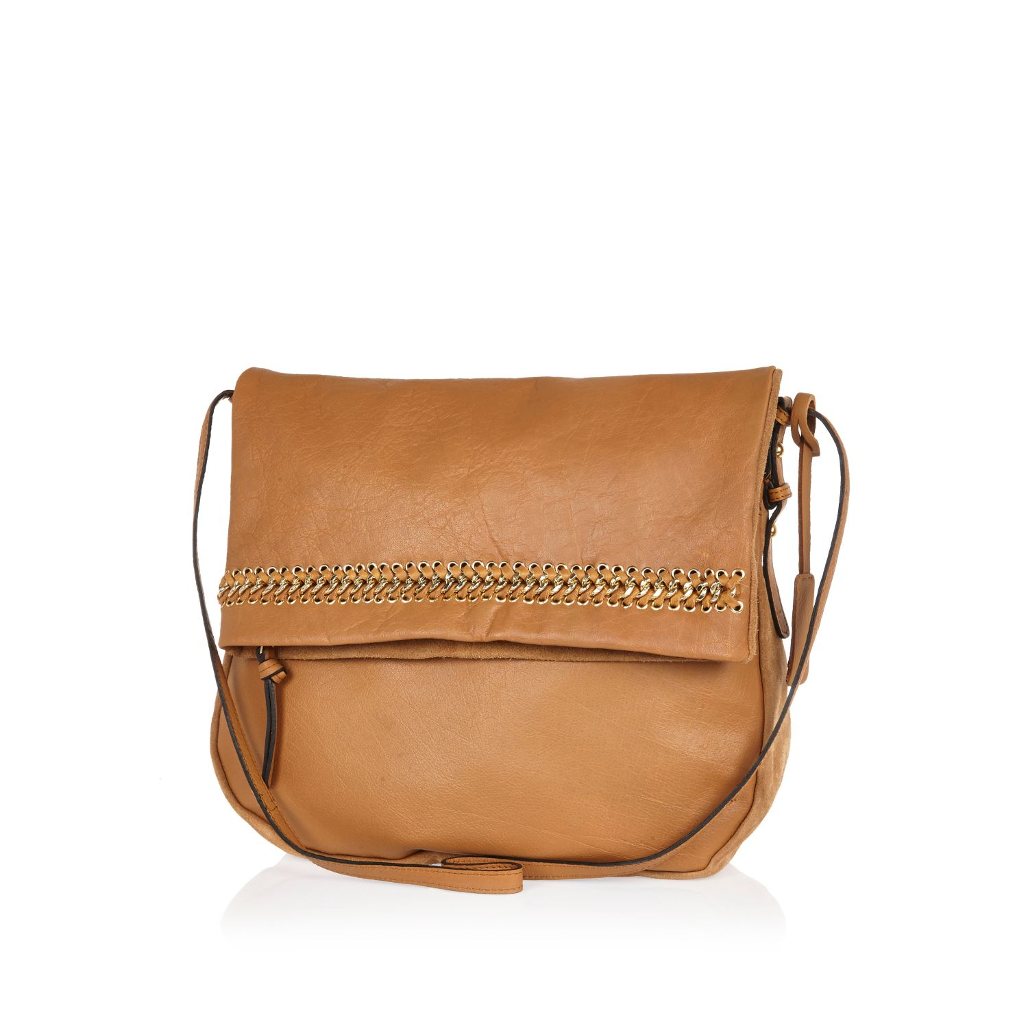 River Island Tan Leather Fold Over Messenger Bag in Brown (tan) | Lyst