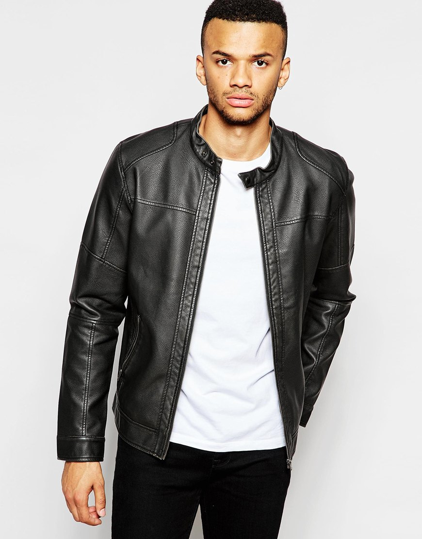 Jack & jones Faux Leather Jacket With Biker Collar in Black for Men | Lyst