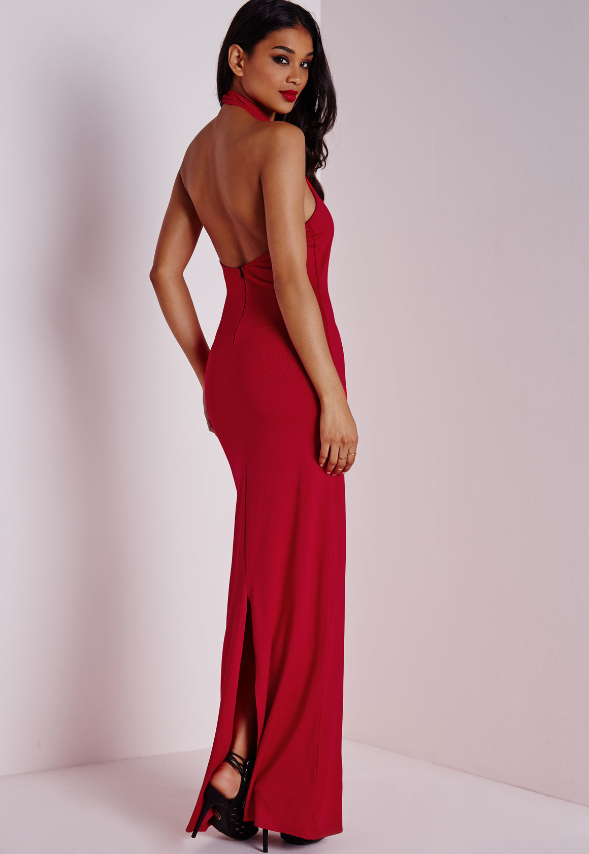 Missguided Choker Front Split Maxi Dress Red in Red | Lyst