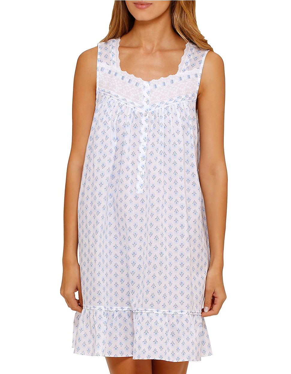 Eileen west Aegean Sea Sleeveless Nightgown in White (White/Blue Print ...