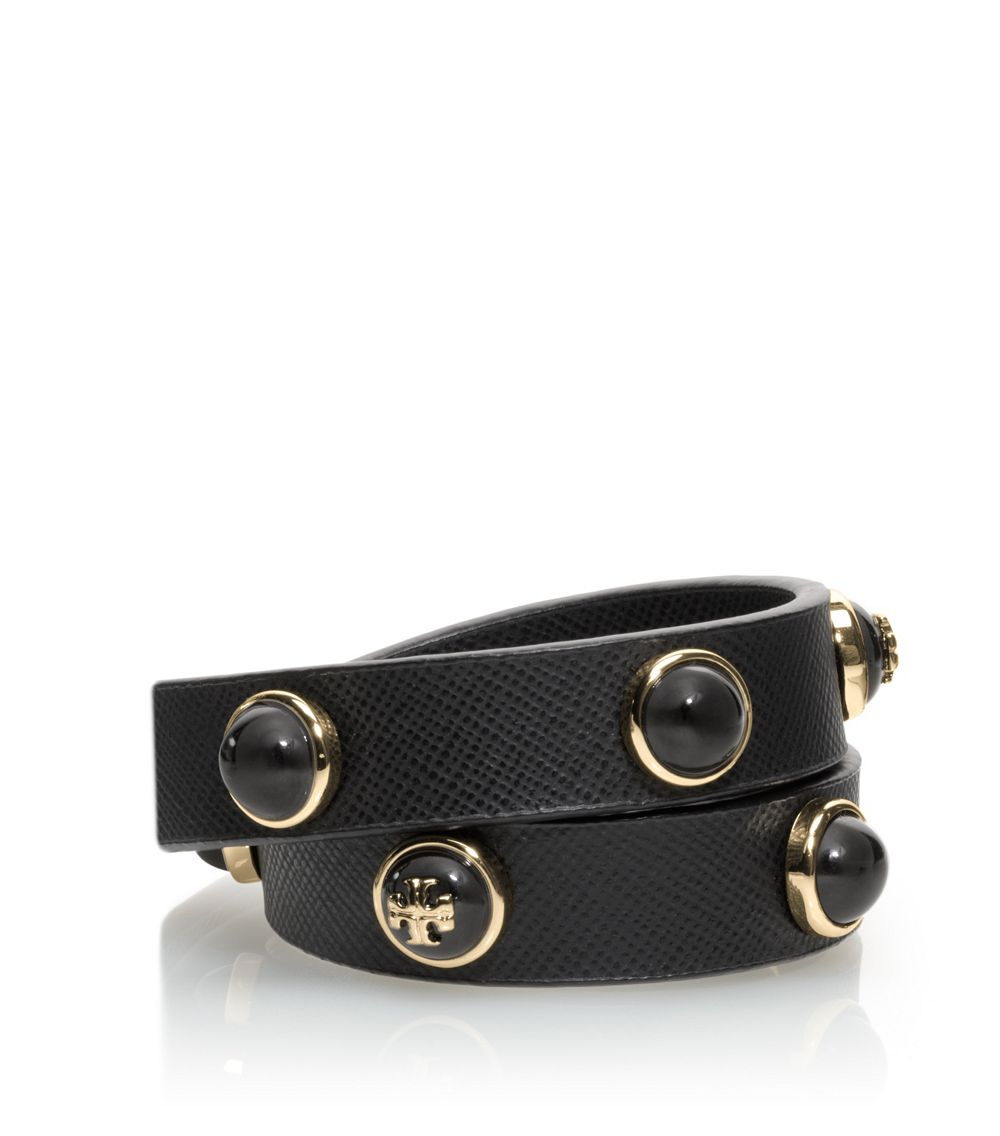 Tory burch Melodie Double Wrap Leather Bracelet in Black | Lyst