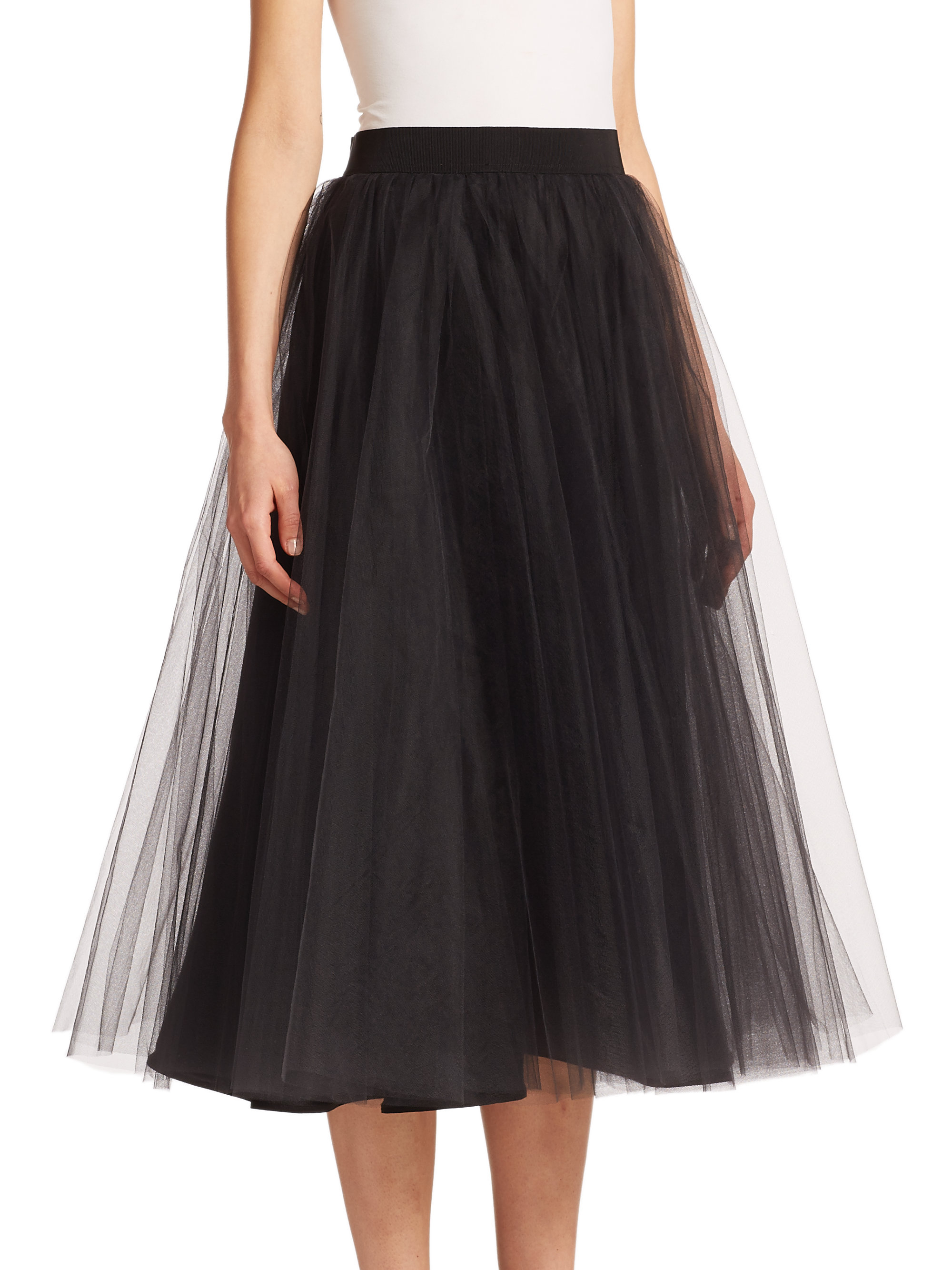 Badgley mischka Tulle Midi Skirt in Black | Lyst