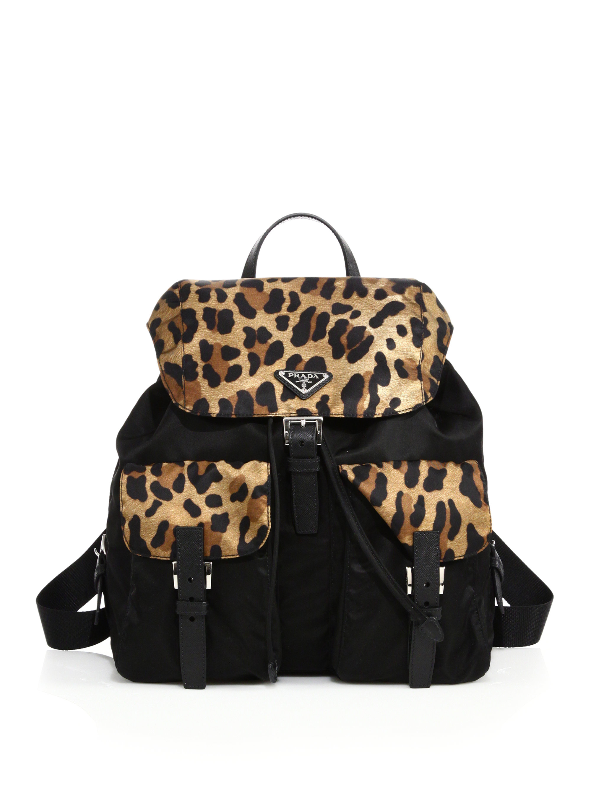 Prada Leopard-print Nylon Backpack in Black (black-tan) | Lyst  