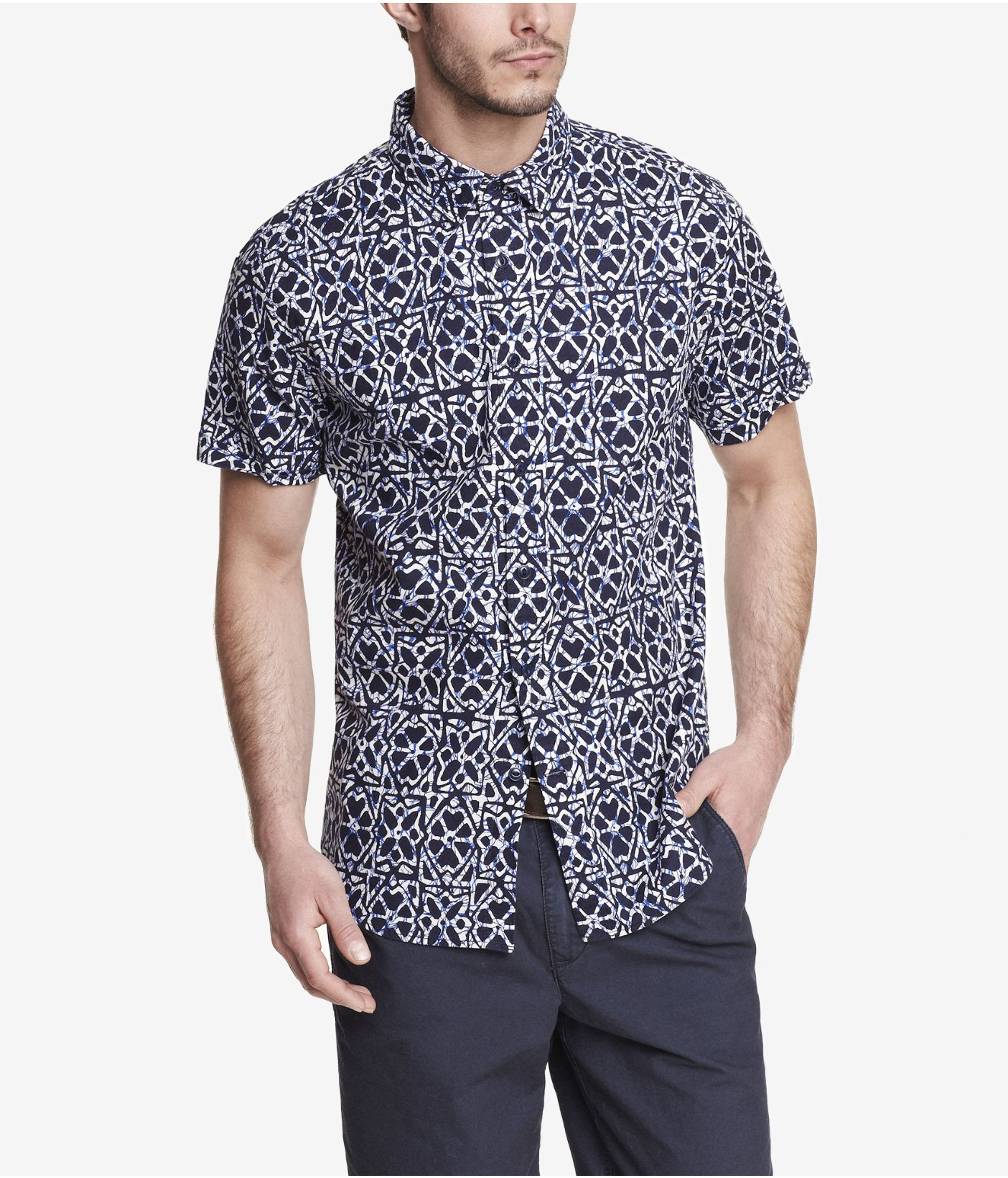 Express Fitted Short Sleeve Batik  Print Shirt  in Blue for 