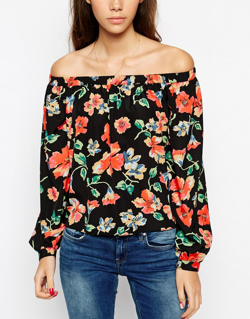 Lyst - Asos Long Sleeve Off The Shoulder Floral Printed Top