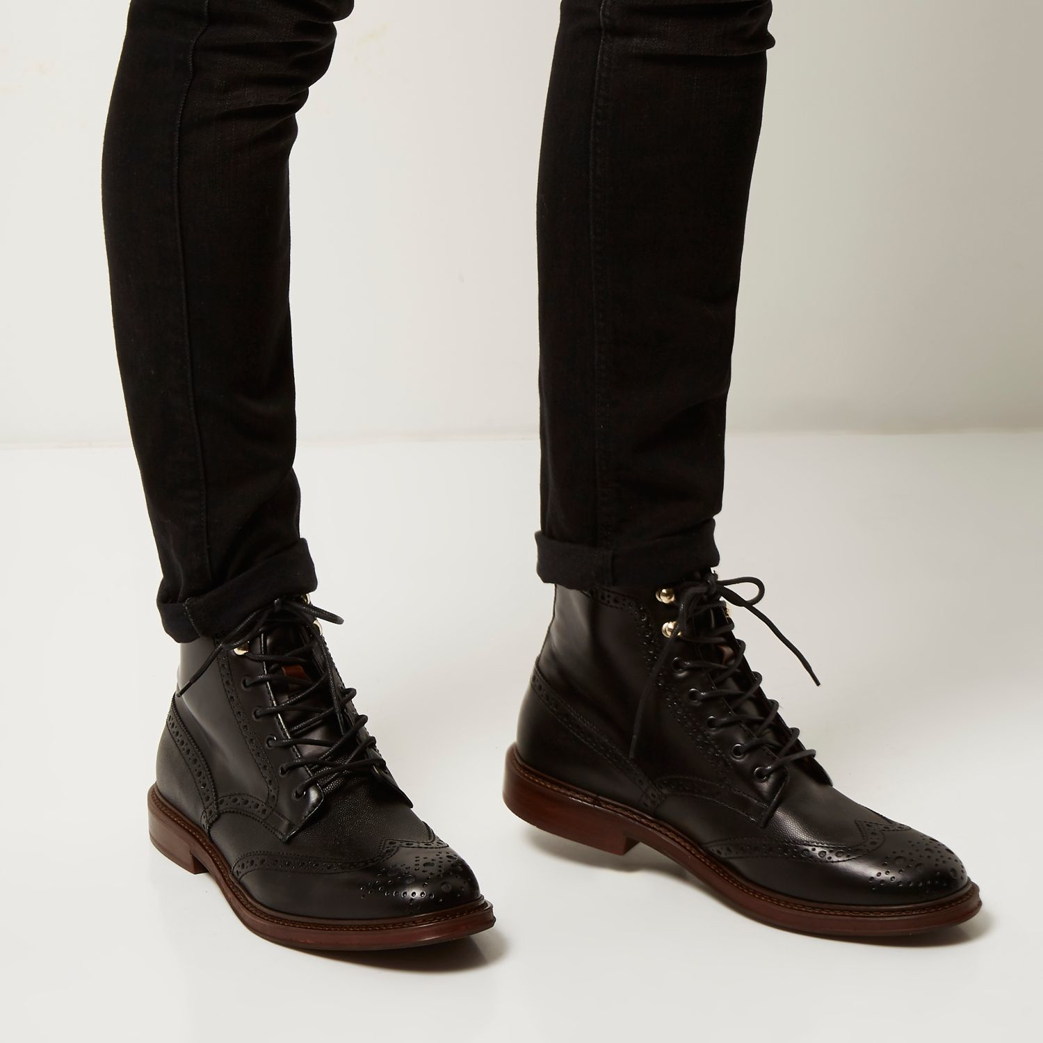 mens black boots white laces