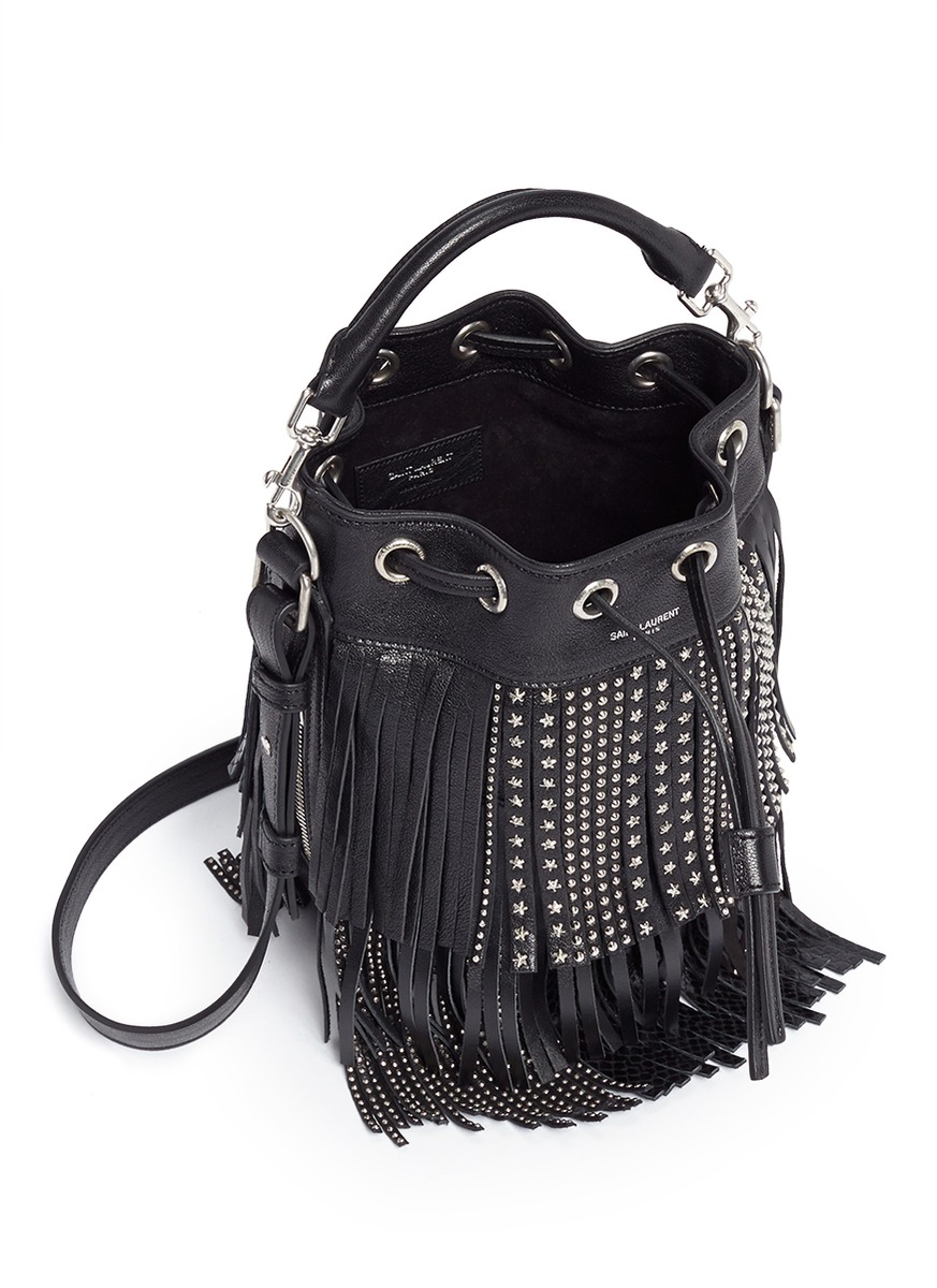 Lyst - Saint Laurent &#39;emmanuelle&#39; Small Stud Fringe Leather Bucket Bag in Black
