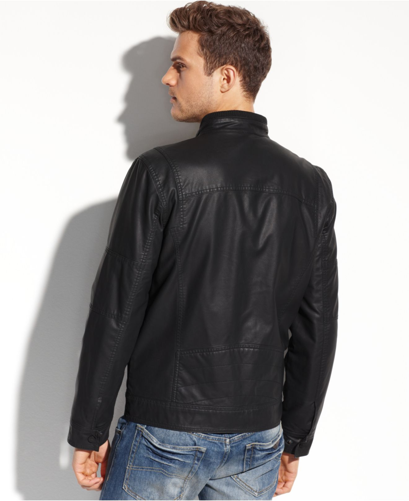 Guess Coats, Lightweight Faux Leather Moto Jacket in Black for Men - Lyst