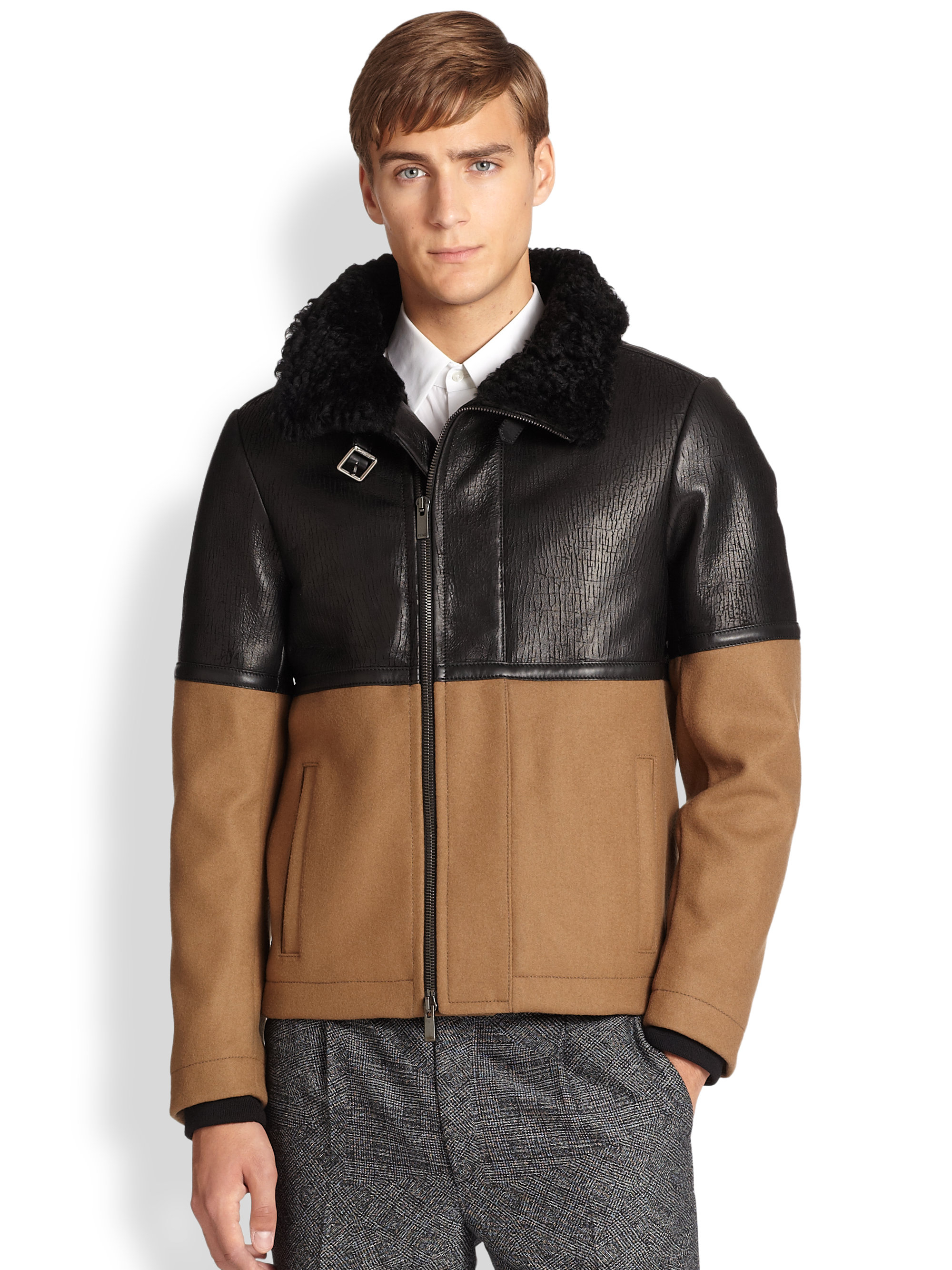 Fendi Leather, Wool & Shearling Jacket in Black for Men | Lyst