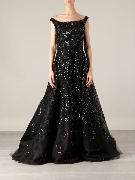 Oscar De La Renta Sequin Embroidered Flared Gown in Black | Lyst